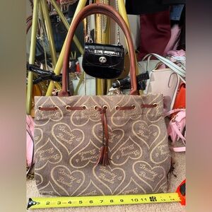 Vintage Dooney & Bourke Heart Print Canvas Tote Bag Brown Leather Y2K